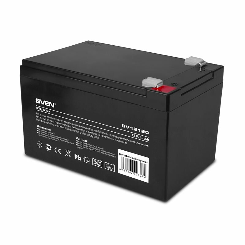 Батарея SVEN SV 12120 (12V 12Ah), напряжение 12В, емкость 12А*ч, макс. ток разряда 180А, макс. ток заряда 3.6А, свинцово-кислотная типа AGM, тип клемм F2