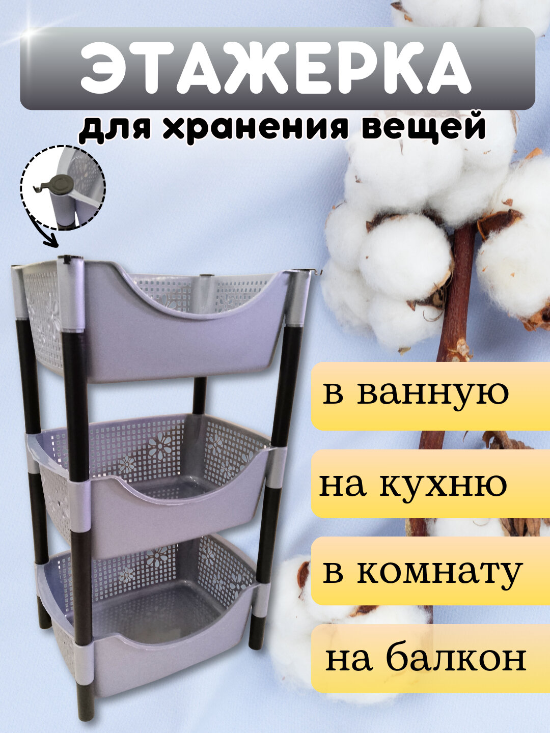 Этажерка пластиковая для кухни ванной спальни, стеллаж, полка, сборная