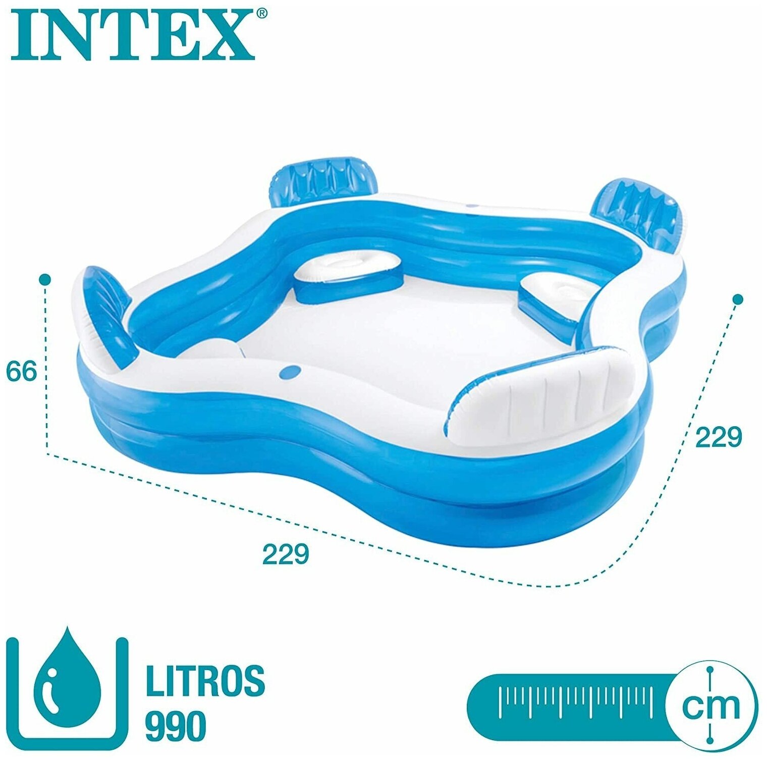 Бассейн надувной Intex 56475, 229x229x66, с сиденьями и подголовниками — фото 1