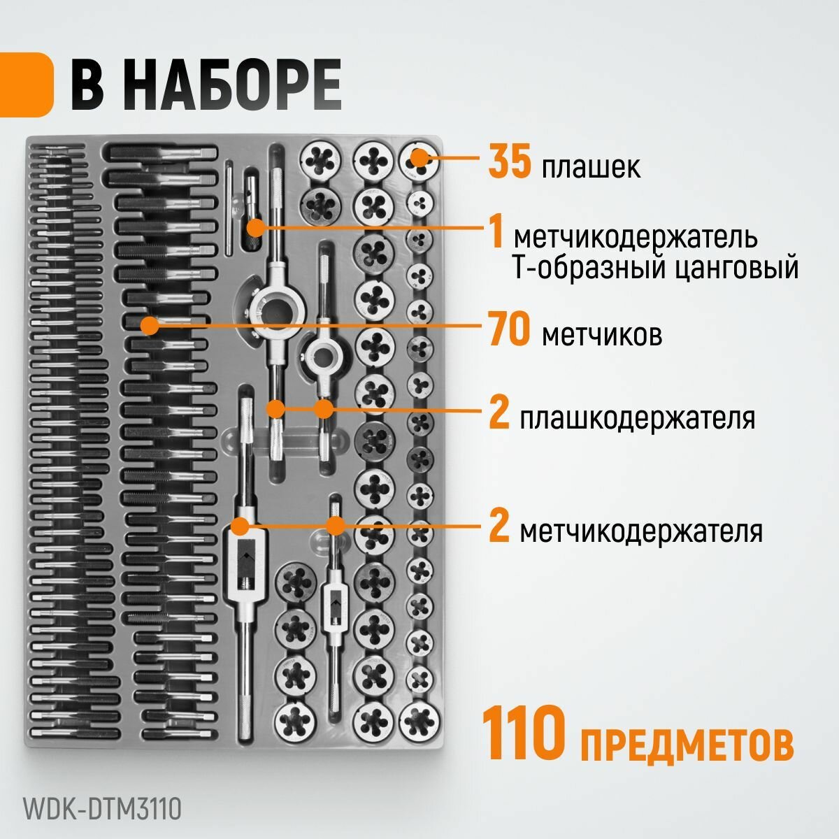 Набор метчиков и плашек М2 - М18 110 предметов метрическая резьба WIEDERKRAFT WDK-DTM3110