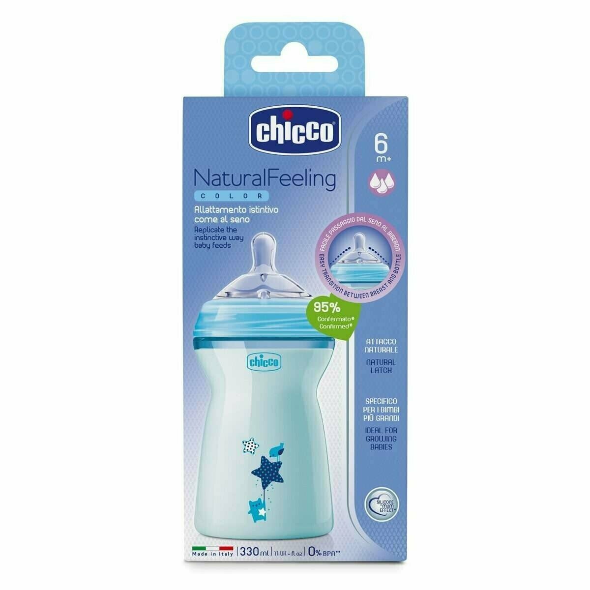 Бутылочка Chicco Natural Feeling + силиконовая соска с флексорами, 330 мл голубой - фото №3