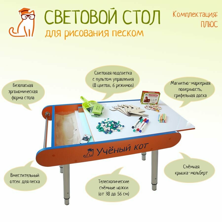 Детский световой стол песочница "Ученый Кот" Плюс