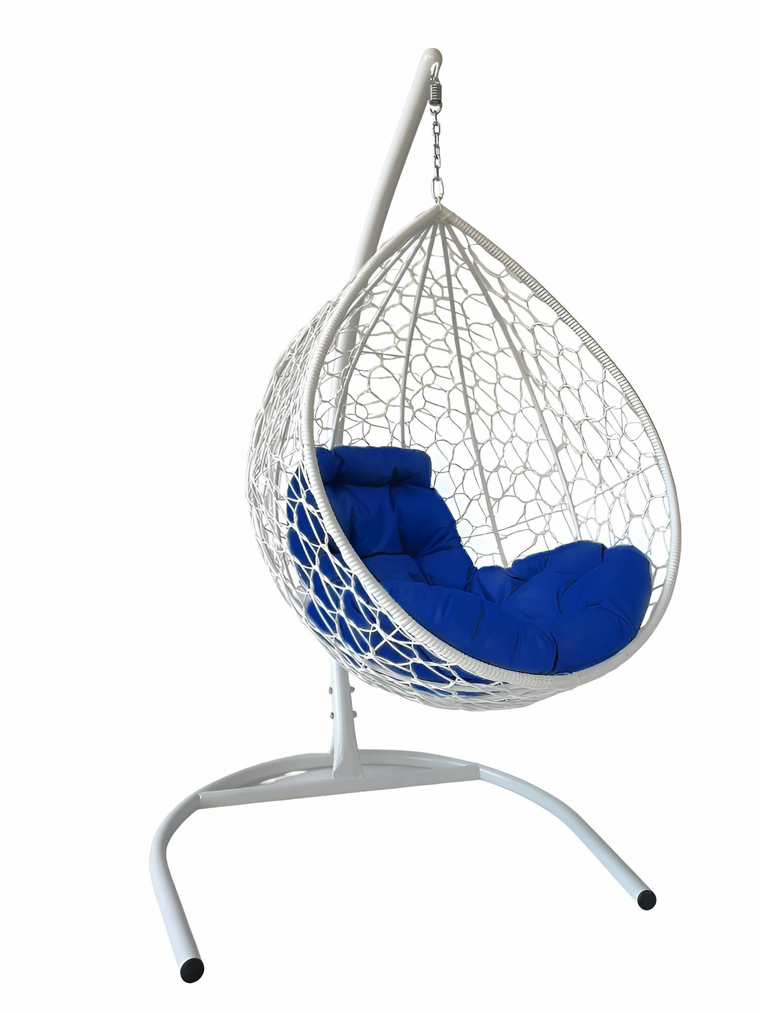Подвесное кресло-кокон "капля" с ротангом белое, синяя подушка - фотография № 3