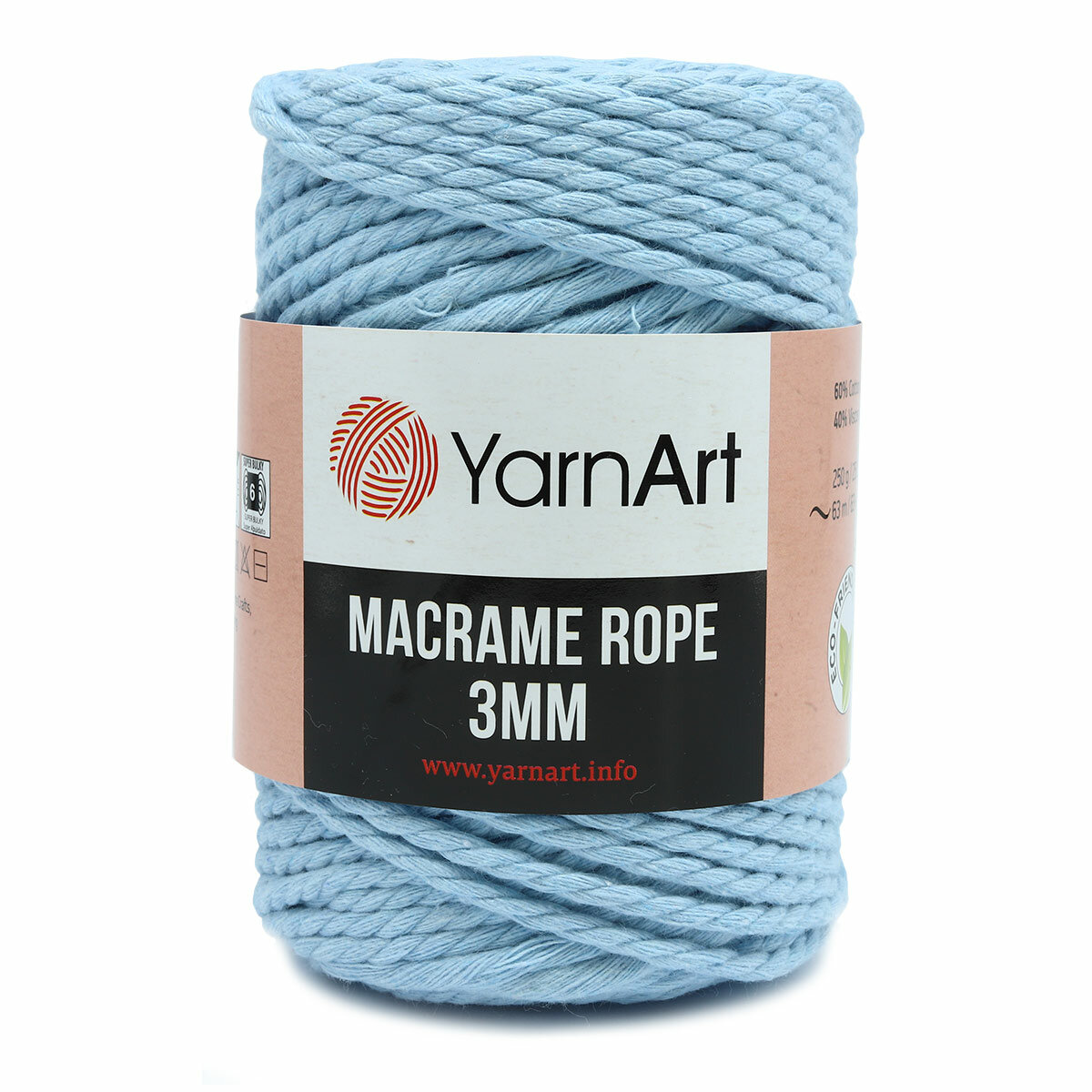 Пряжа для вязания YarnArt 'Macrame Rope 3мм' 250гр 63м (60% хлопок, 40% вискоза и полиэстер) (760 небесно-голубой), 4 мотка