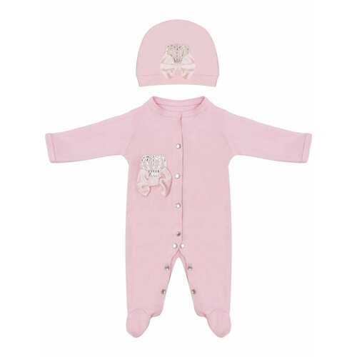 фото Комплект одежды luxury baby для девочек, шапка и бабочка и комбинезон, нарядный стиль, без карманов, застежка под подгузник, размер 62, розовый