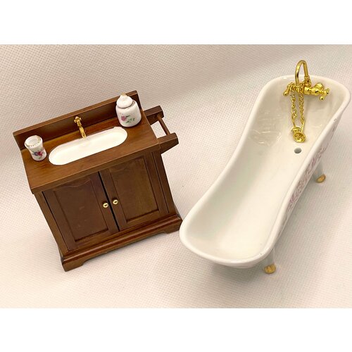 фото Кукольная мебель керамическая ванна + тумба с раковиной для кукольного домика. нет бренда