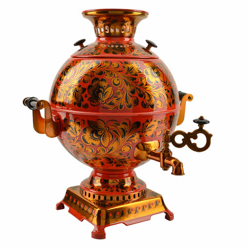 Самовар электрический 5 литров с художественной росписью «Кудрина золото на красном» формы «Шар»