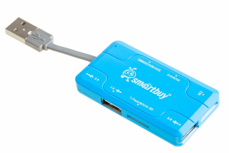 Картридер + Хаб Smartbuy 750, USB 2.0 3 порта+SD/microSD/MS/M2 Combo, голубой (SBRH-750-B)