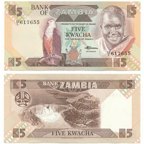 Банкнота Замбия 5 квача1980-1988 UNC банкнота замбия 1986 год unc