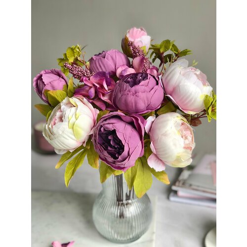 Искусственные цветы пионы для декора / Декоративный букет / Цветочная композиция, 45 см, фиолетово-светло-розовый