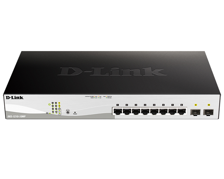 Коммутатор D-Link PROJ Smart L2 Switch 8х1000Base-T PoE, 2х1000Base-X SFP, PoE Budget 130W, Compact CLI (DGS-1210-10MP/F3A) - фото №1