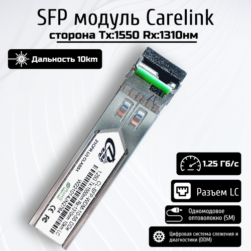 SFP модуль CareLink CL-SFP-WDM-10-55 DDe, TX:1550nm RX:1310nm, 10km, LC трансивер carelink cl sfp lx