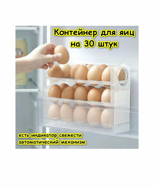 Подставка держатель, полка в дверь для хранения яиц / Ячейки органайзер на 30шт, пластиковый лоток контейнер в холодильник, прозрачный-матовый