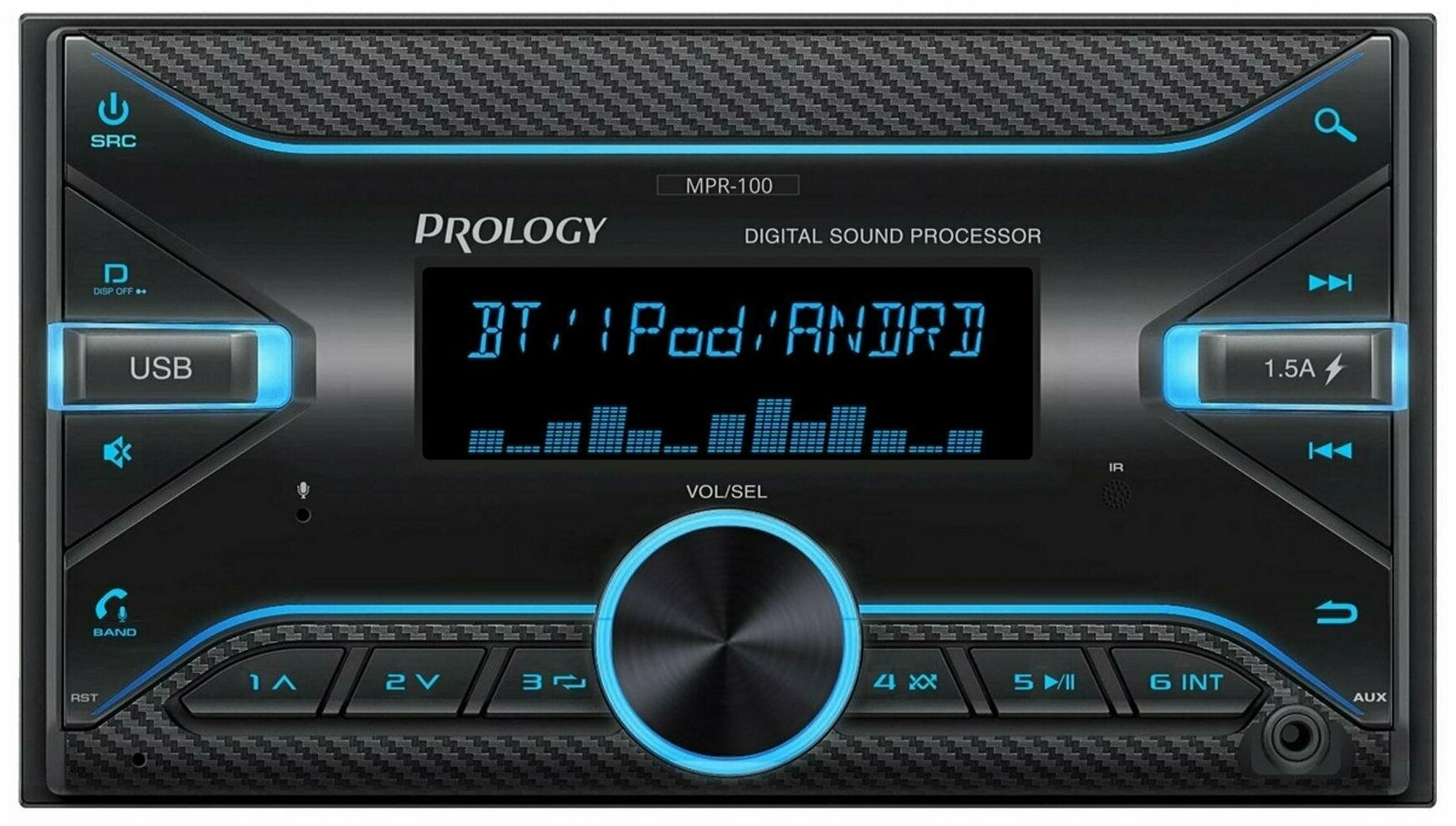 Автомагнитола PROLOGY PRMPR100 с BT/аудиопроцессорDSP/USB/microSD для AM/FM/УКВ MP3 WAV и FLAC многоцветная подсветка