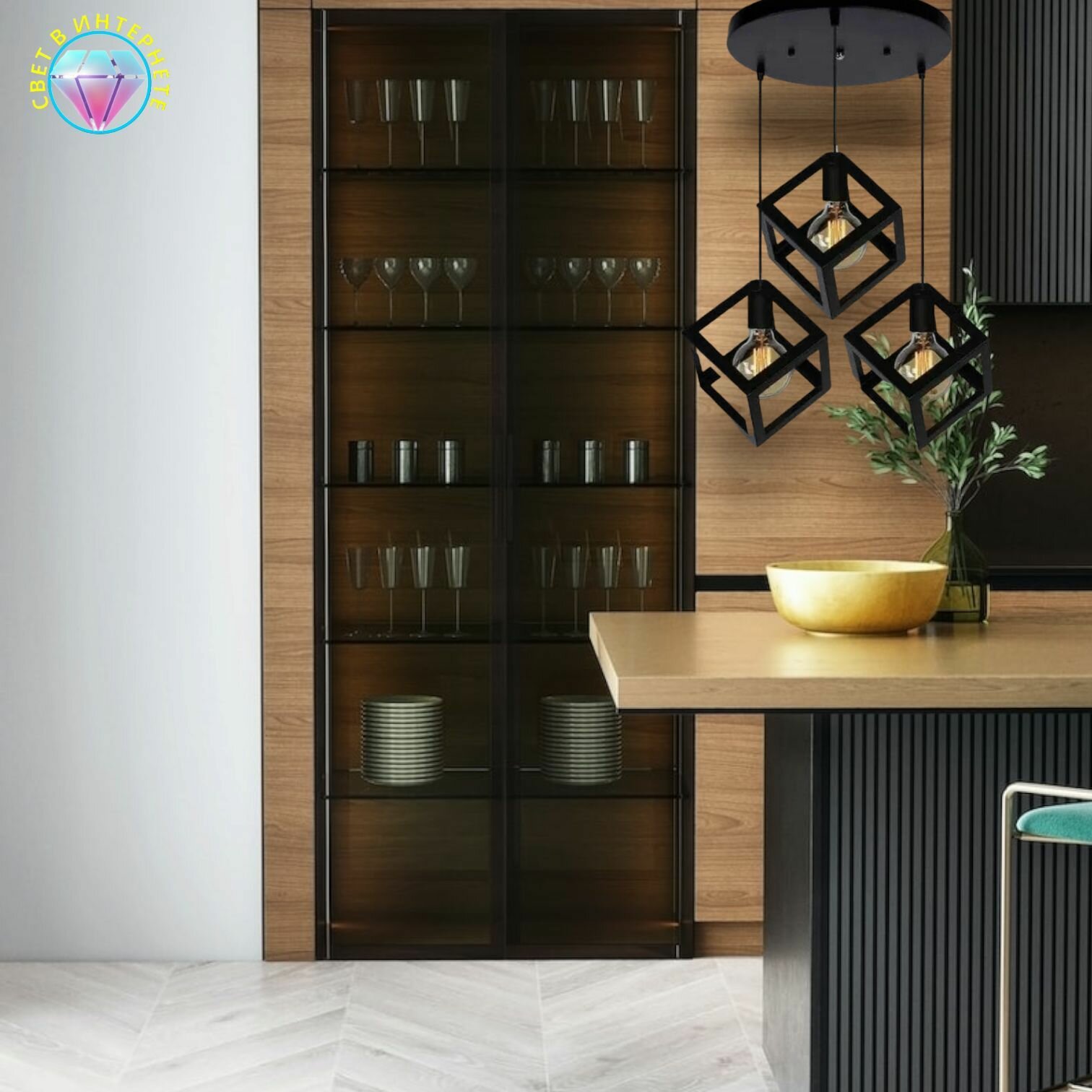 фото Светильник потолочный куб Loft/ Подвесной / Люстра круглая / Освещение на потолок лофт куб, с регулировкой по высоте , плафон металлический