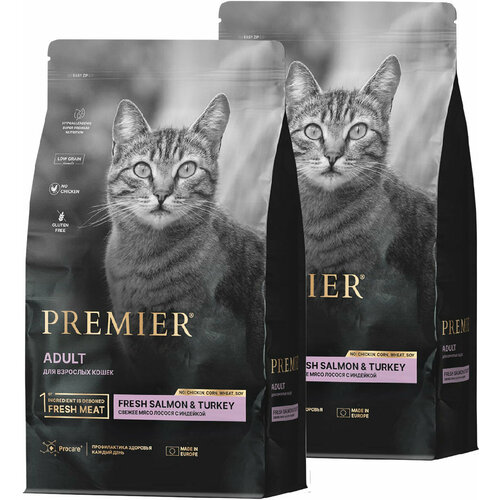 PREMIER LOW GRAIN CAT ADULT SALMON & TURKEY низкозерновой для взрослых кошек с лососем и индейкой (2 + 2 кг) brit premium cat adult salmon для взрослых кошек с лососем 2 2 кг