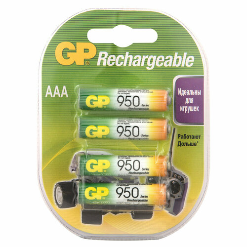 Батарейки аккумуляторные комплект 4 шт, GP, AAA (HR03), Ni-Mh, 950 mAh, блистер, 95AAAHC-2DECRC4 батарейка аккумуляторная aaa gp hr03 блистер в упаковке 2 шт емкость 1000 мач
