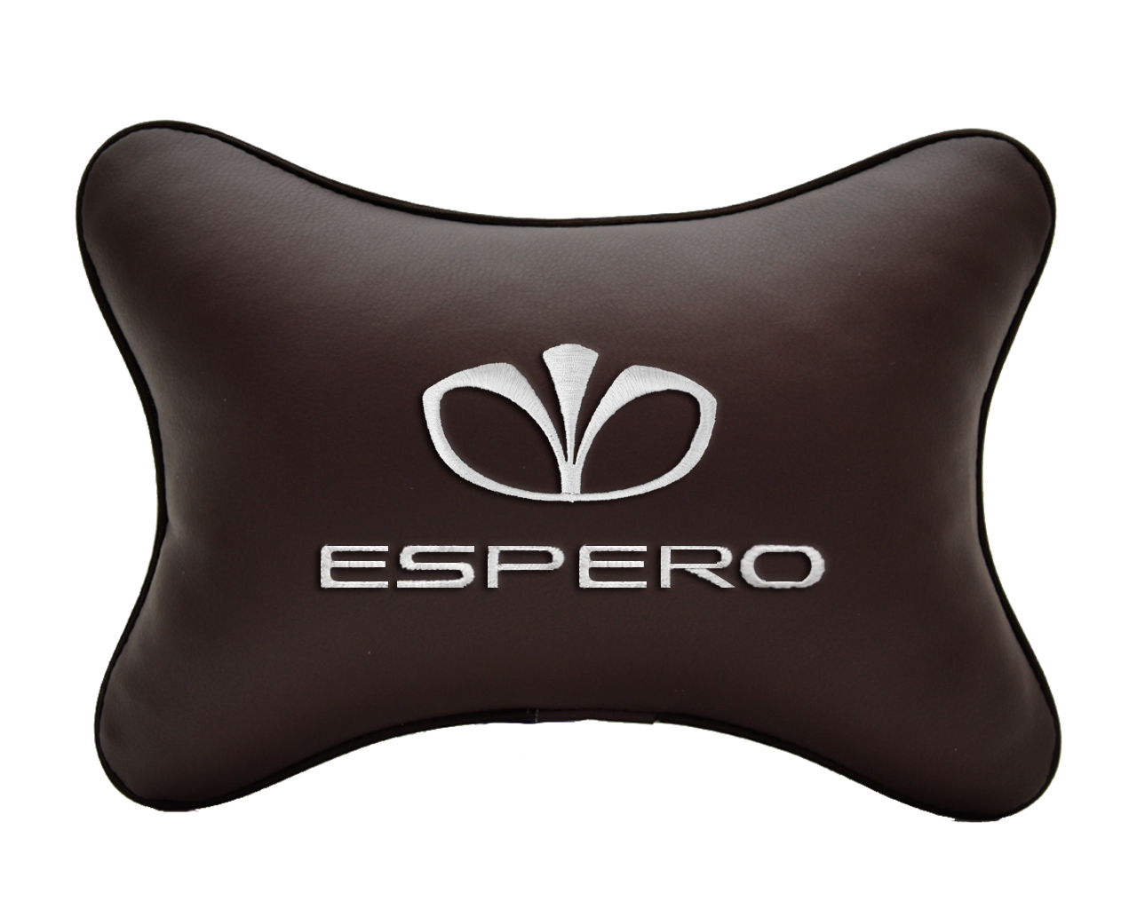 Автомобильная подушка на подголовник экокожа Coffee с логотипом автомобиля DAEWOO Espero