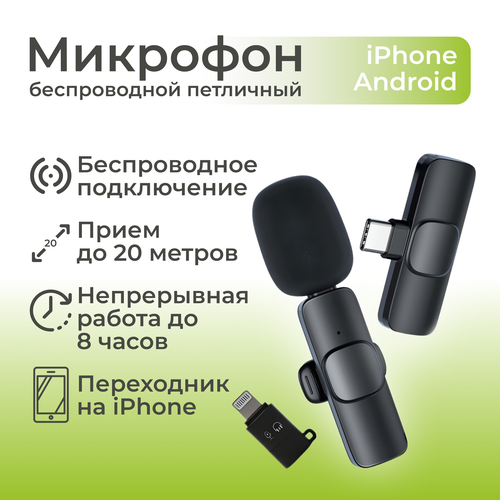 Микрофон петличный беспроводной K8 Петличка для телефона Type C переходник Lightning 79900₽