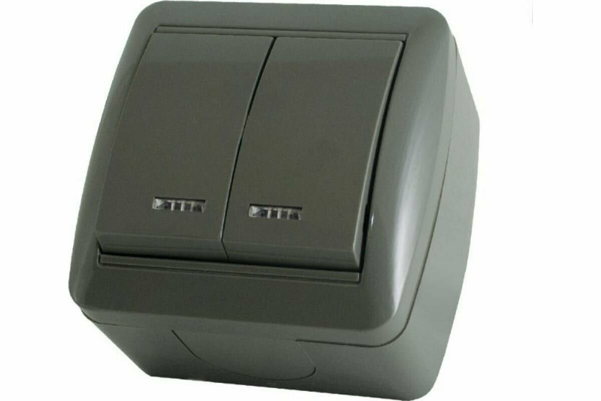 Выключатель двухклавишный открытой установки с подсветкой серый (IP44, 10А, Селигер)