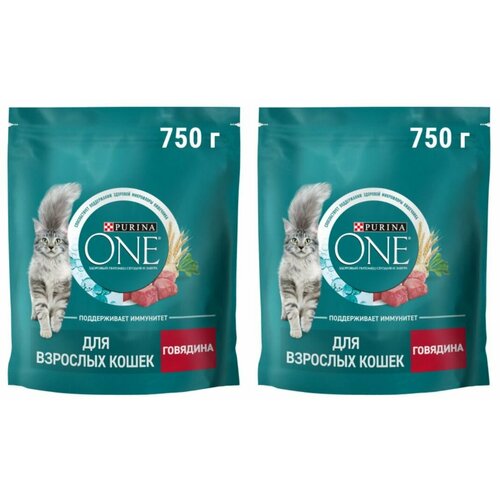 Purina ONE Сухой корм для взрослых кошек, с говядиной и пшеницей, 750 г, 2 уп