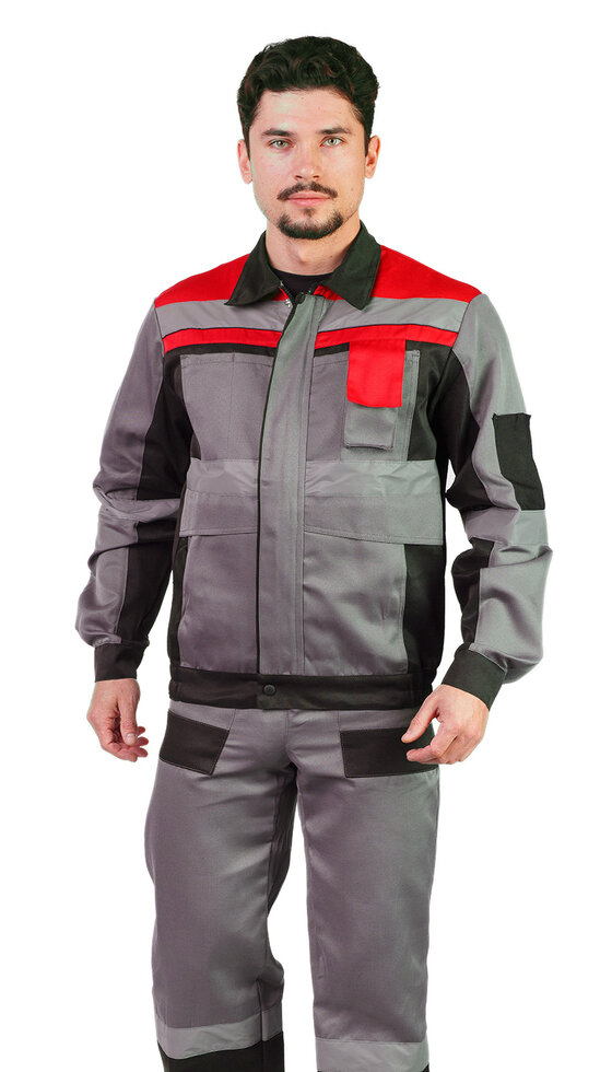 Костюм мужской рабочий "Респект" летний куртка, п/к серый с красно- чёрной отделкой и СОП (52-54, 170-176)