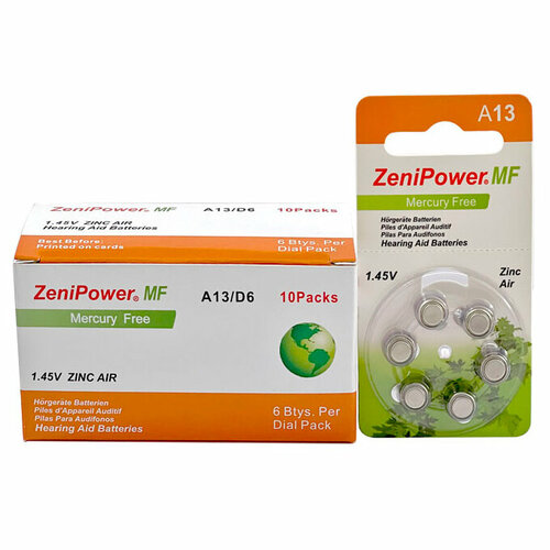 Батарейки ZeniPower 13 (PR48) для слухового аппарата, упаковка (60 батареек) батарейки powerone p312 pr41 для слухового аппарата 5 блистеров 30 батареек