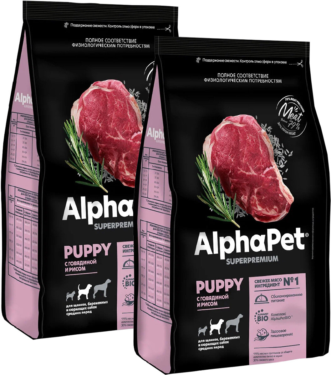 ALPHAPET SUPERPREMIUM PUPPY для щенков, беременных и кормящих собак средних пород с говядиной и рисом (2 + 2 кг)