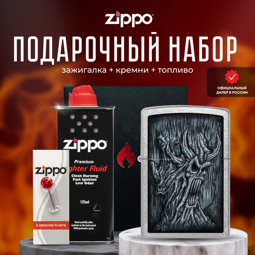 Зажигалка ZIPPO Подарочный набор ( Зажигалка бензиновая Zippo 48681 Evil Tree Design + Кремни + Топливо 125 мл ) зажигалка evil tree арт 48681
