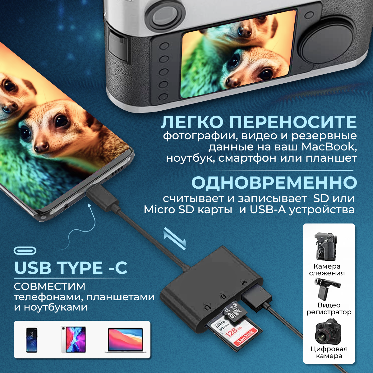 Кардридер 5 в 1 универсальный USB Type C Micro USB, устройство для чтения SD-карт памяти, U-диск, OTG адаптер, конвертер для планшетов, черный