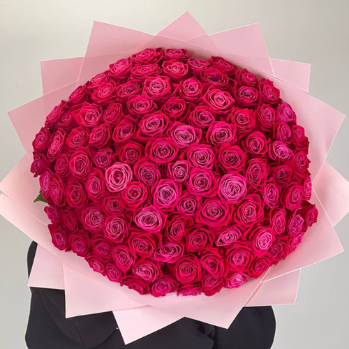Букет цветов "Эрика" из 101 малиновой розы в упаковке / Радуга Букет