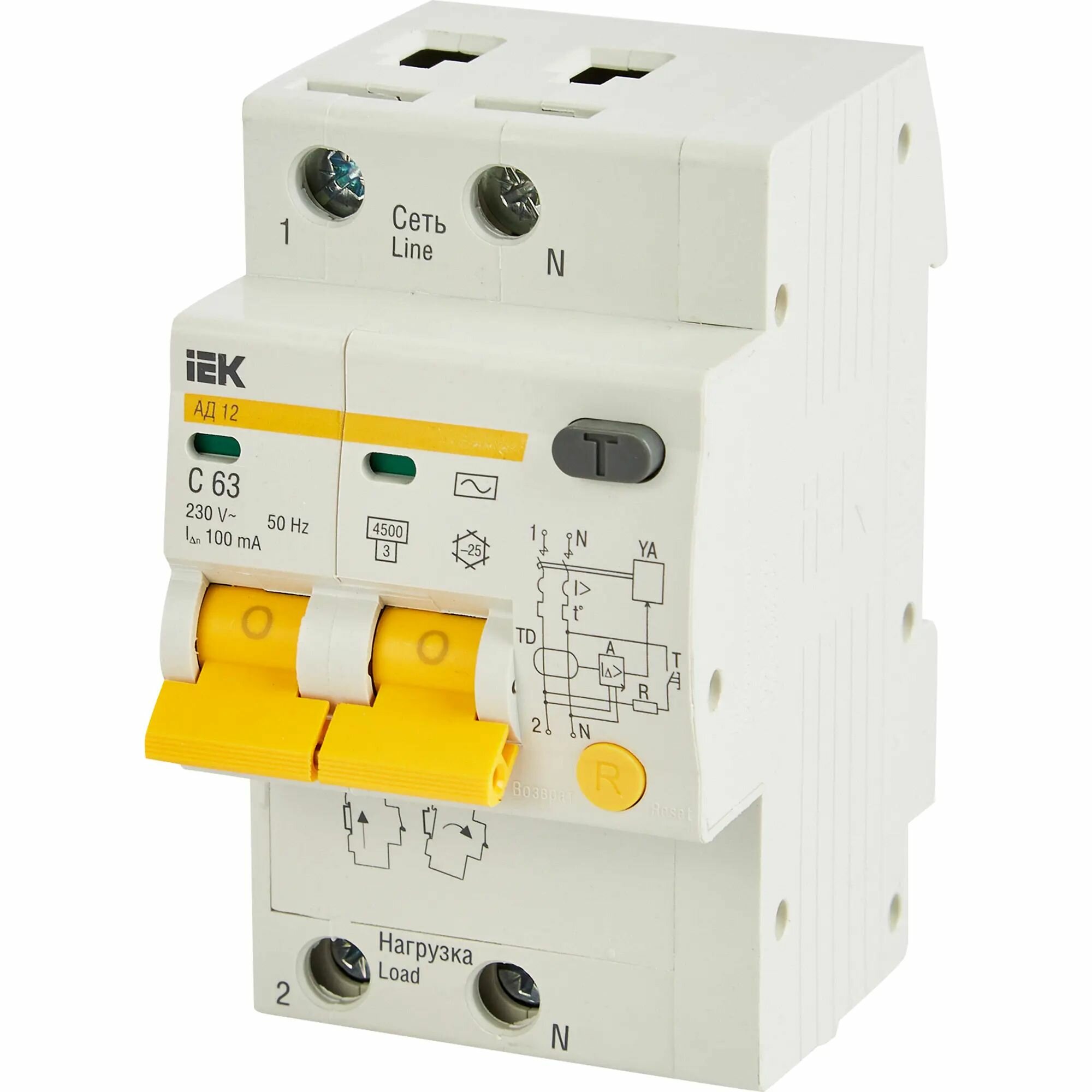 Выключатель автоматический дифференциального тока 2п C 63А 100мА тип AC 4.5кА АД-12 IEK MAD10-2-063-C-100