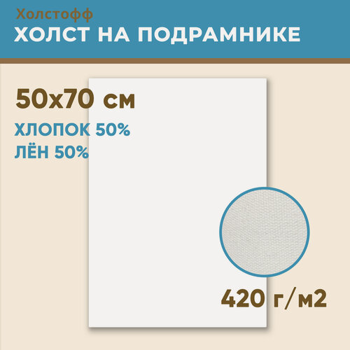 Изображение товара Холст грунтованный на подрамнике 50х70 см, 420 г/м2, лен 50%, хлопок 50%, мелкое зерно, Холстофф