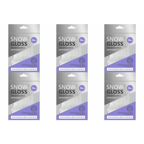 SnowGloss Одноразовые зубочистки с нитью, 30 шт, 6 уп. одноразовые зубочистки snow gloss с нитью 30 шт
