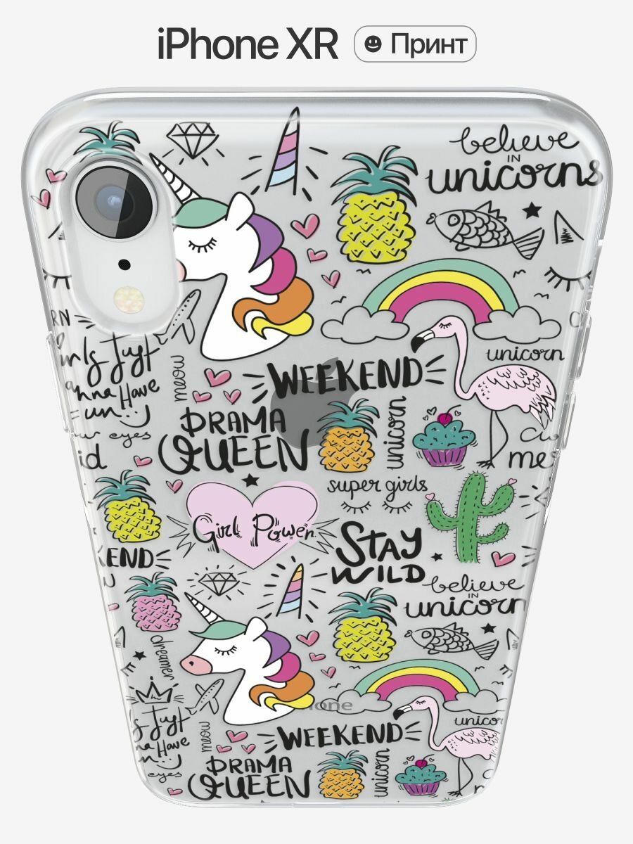 Чехол на Айфон XR / iPhone XR прозрачный с рисунком "Unicorn pattern"