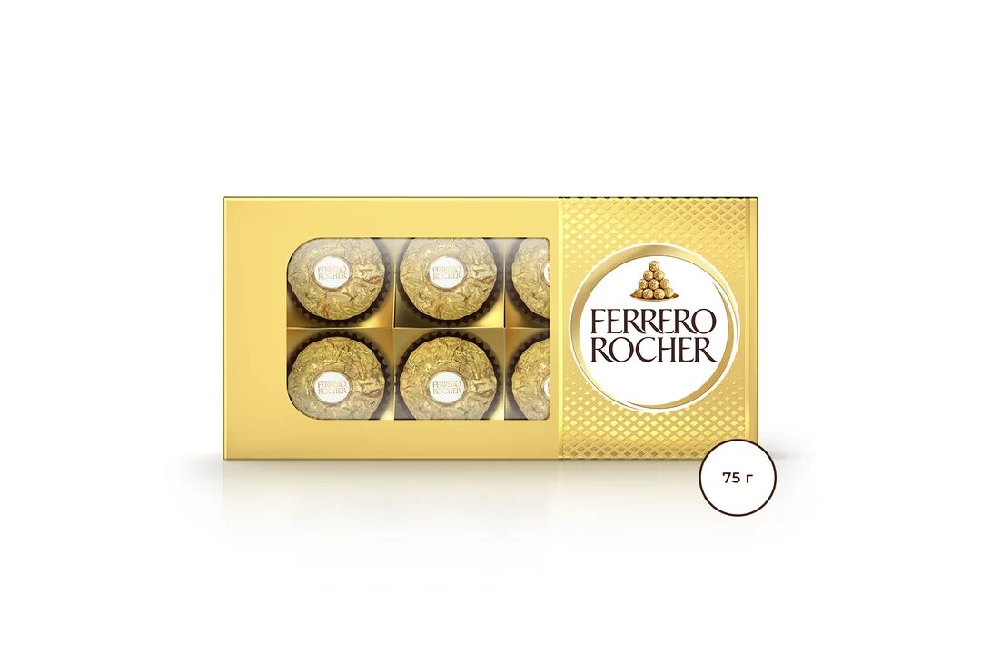 Ferrero Rocher из молочного шоколада, с начинкой из крема и лесного ореха, 75 г, картонная коробка, 6 шт. в уп.