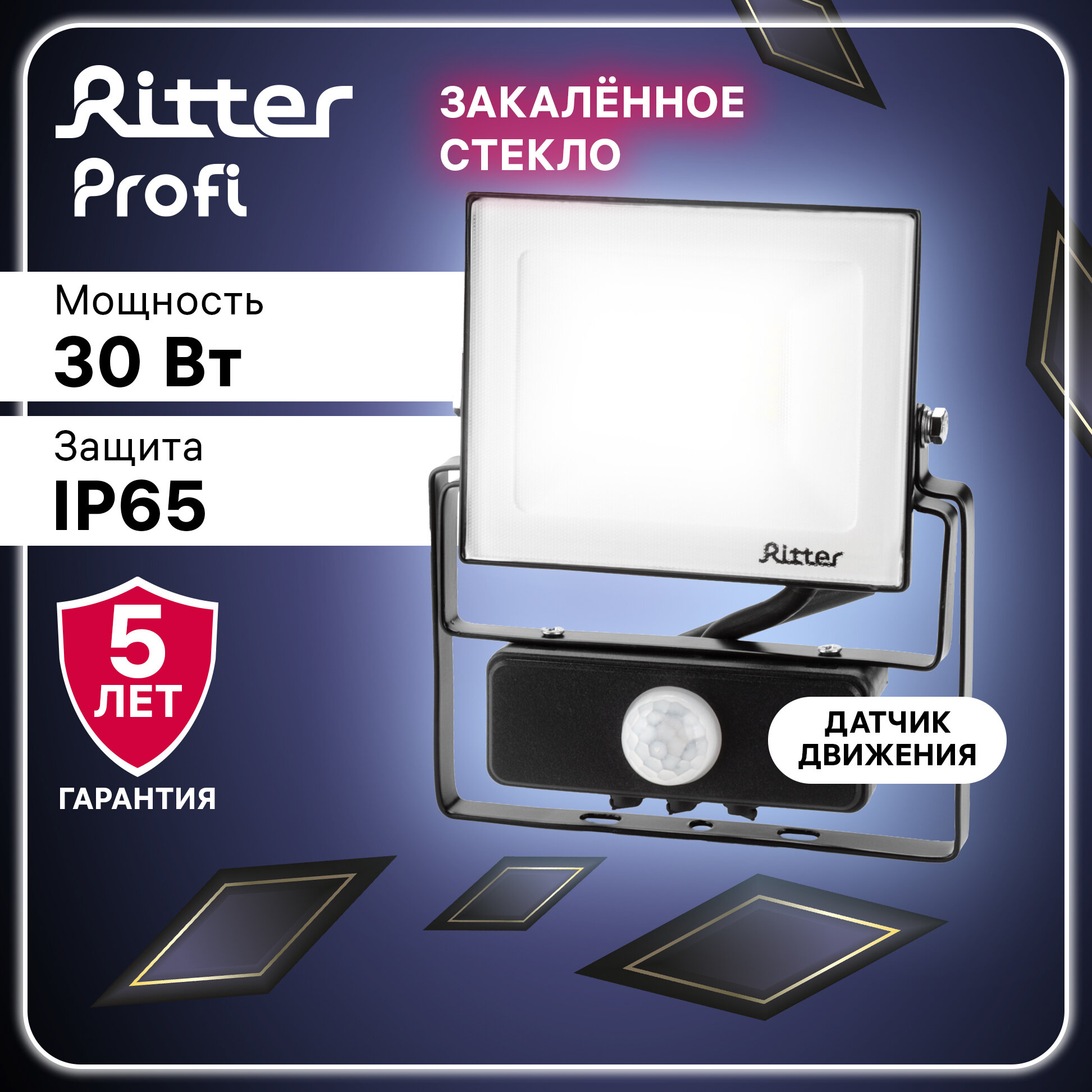 Прожектор Ritter светодиодн PROFI 230В 30 Вт 6500К 3000Лм IP65 с датчиком движения черный 53421 5