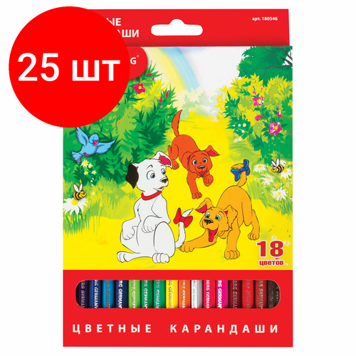 Комплект 25 шт, Карандаши цветные BRAUBERG My lovely dogs, 18 цветов, заточенные, картонная упаковка, 180546