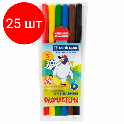 Комплект 25 шт, Фломастеры 6 цветов CENTROPEN Пингвины, смываемые, вентилируемый колпачок, 7790/6ET, 7 7790 0686