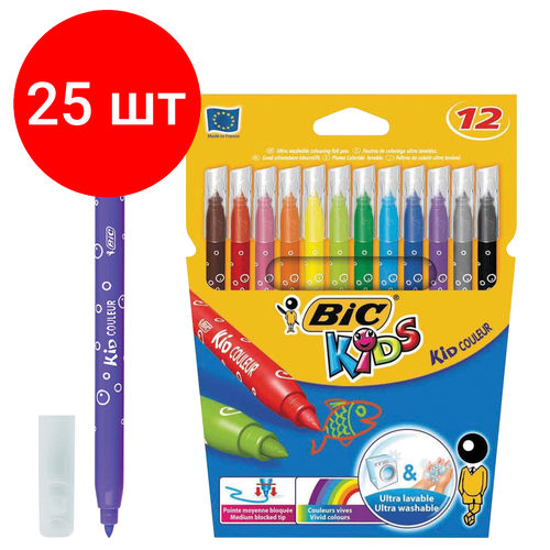 Комплект 25 шт, Фломастеры BIC Kid Couleur, 12 цветов, суперсмываемые, вентилируемый колпачок, европодвес, 9202932 фломастеры цветные bic kids kid couleur смываемые 12 цветов