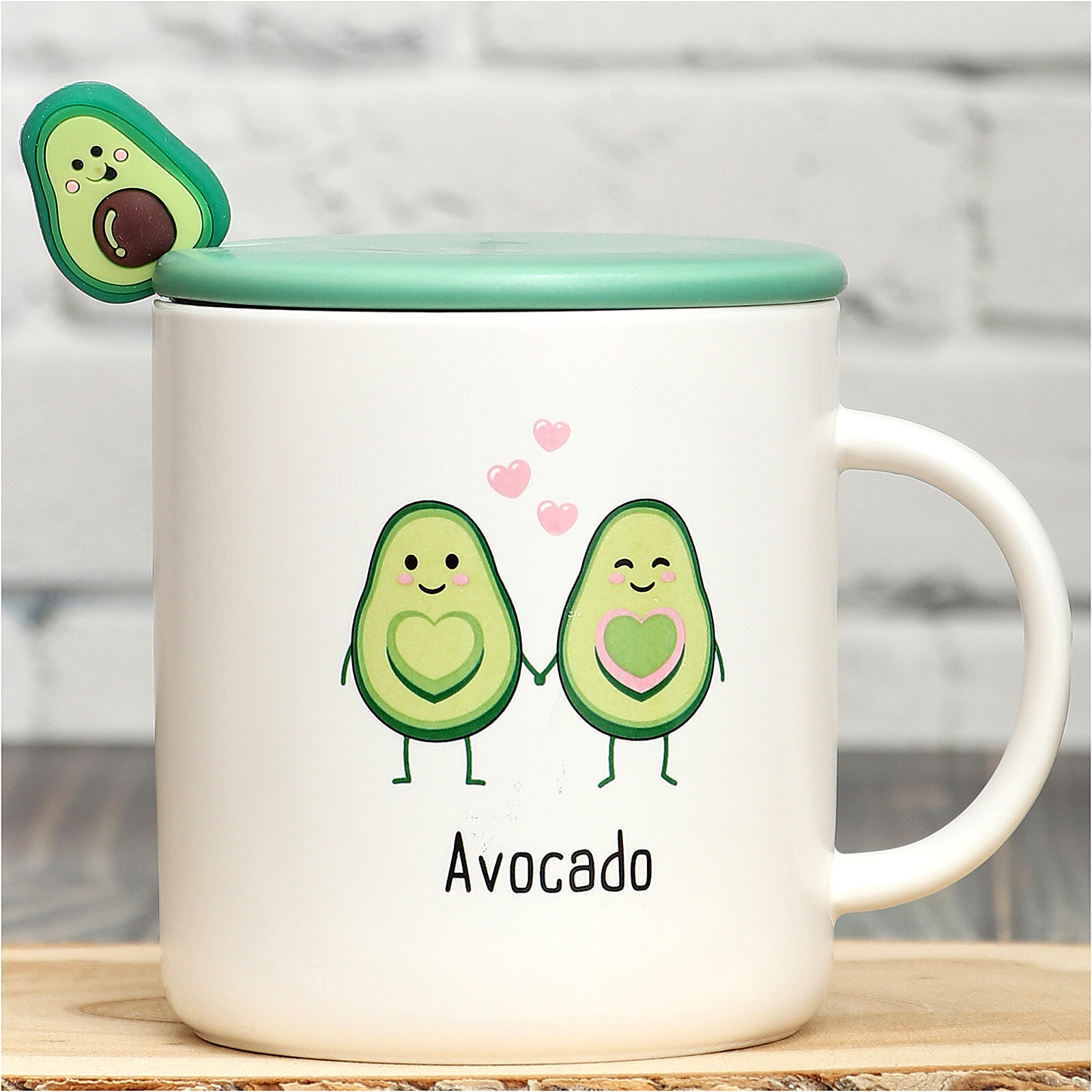 фото Кружка Авокадо с ложкой (N 3) Avocado 360 мл эврика, детская с крышкой и ложкой, женская подарочная, чайная пара, подарок на 14 февраля, 8 марта