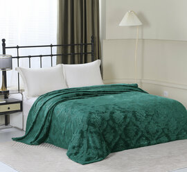 Плед 150х200 1.5-спальный Cleo Parma темно-зеленый, покрывало на кровать и диван пушистое с рисунком, велсофт