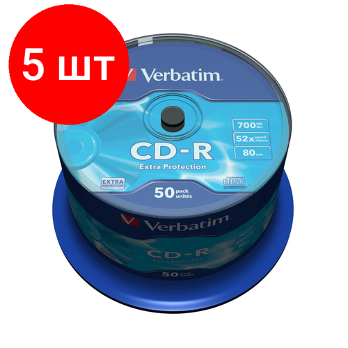 Комплект 5 упаковок, Носители информации CD-R, 52x, Verbatim Extra Protection, Cake/50, 43351 диск cd rverbatim700mb 52x extra protection 25 шт