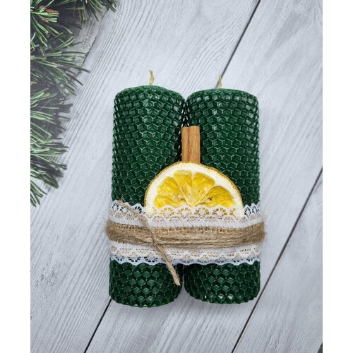 Набор свечей из вощины подарочный 13х4,5 см, 2шт, зеленые, с корицей и апельсином