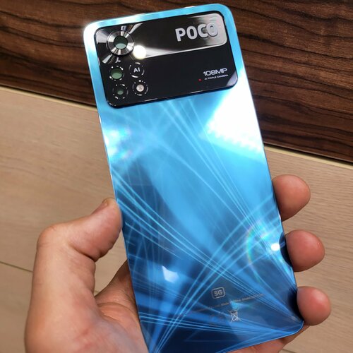 Крышка для Xiaomi Poco X4 Pro - оригинальная задняя стеклянная панель (синего цвета)