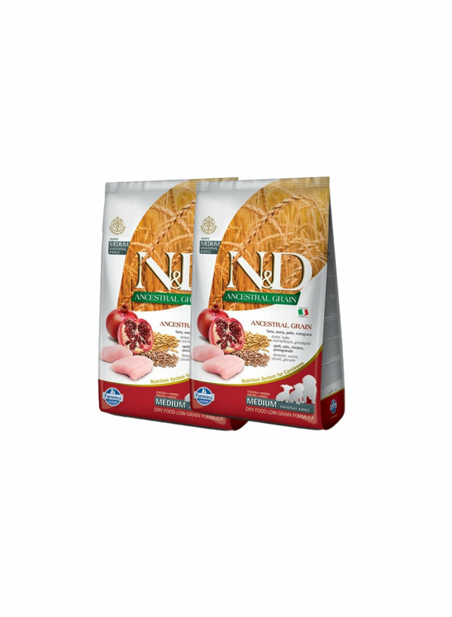 N&D ancestral grain dog Сухой корм курица, спельта, овес и гранат для щенков medium и maxi 2,5 кг x 2 шт.