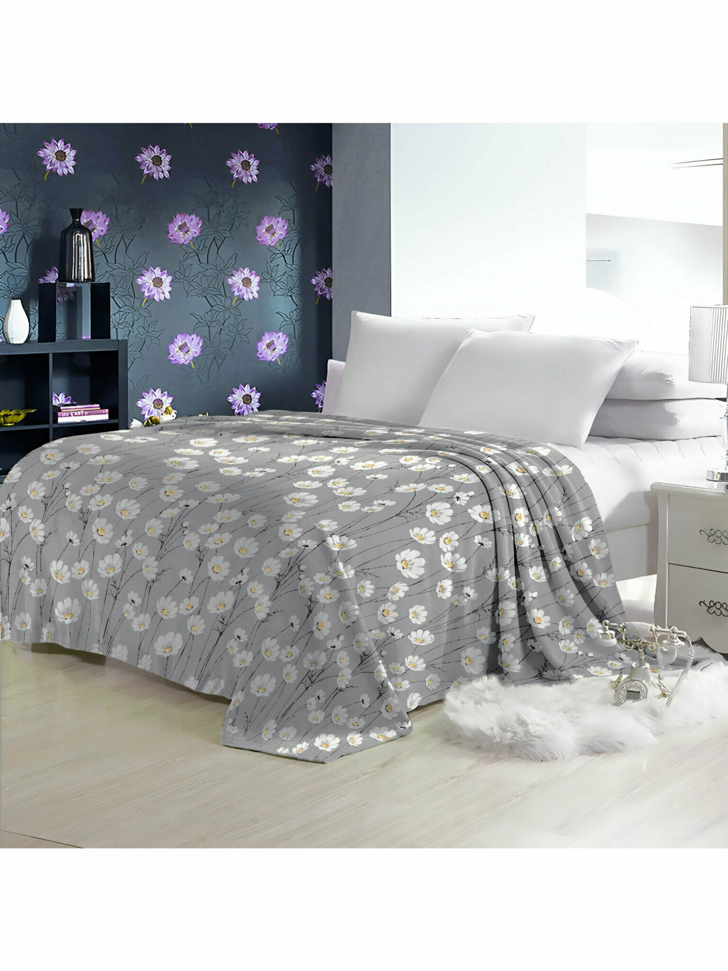 Плед из велсофта Ромашки Elin (серый), 200x220