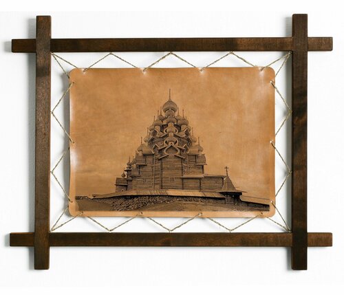 Картина Кижский погост, гравировка на натуральной коже, интерьерная для украшения и декора на стену в деревянной раме, подарок, BoomGift