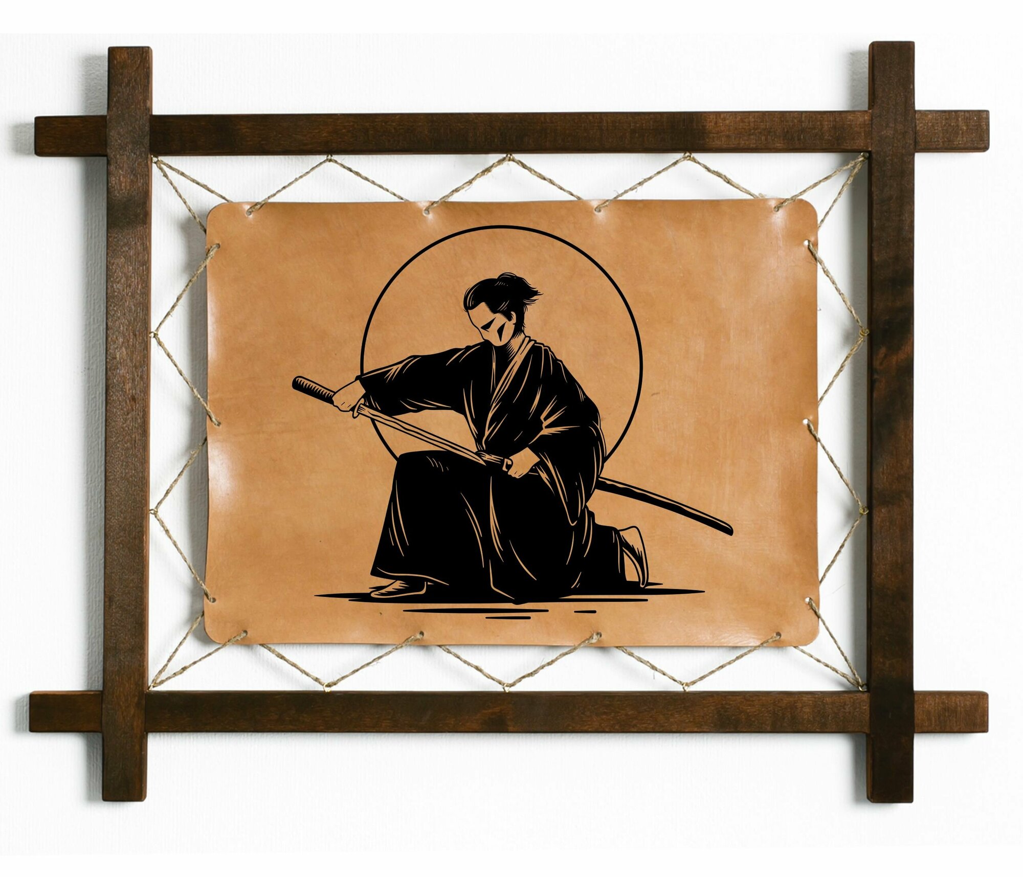 Картина Самурай 2, гравировка на натуральной коже, интерьерная для украшения и декора на стену в деревянной раме, подарок, BoomGift