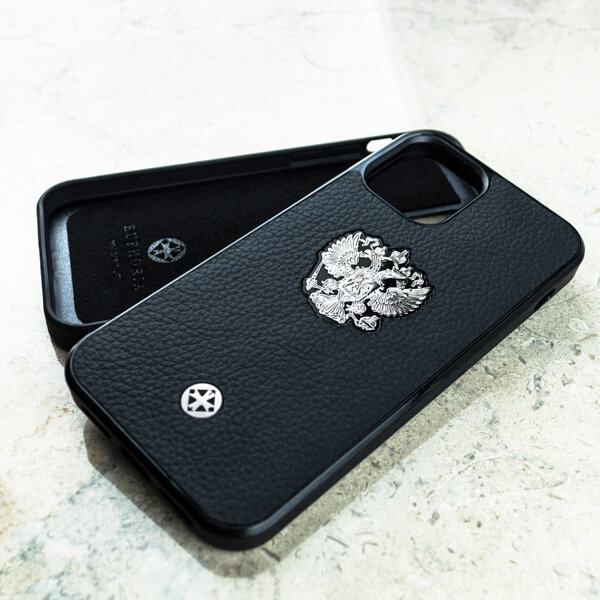 Чехол iPhone 15 Pro Max / Euphoria Premium Leather Black - Герб РФ - Euphoria HM Premium - натуральная кожа — фото 1